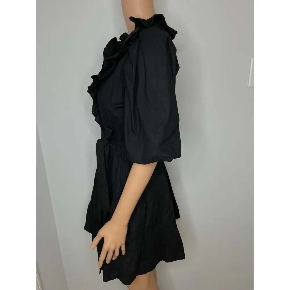 House of Harlow 1960 Ruffled cotton wrap mini dress black size S - Picture 8 of 11